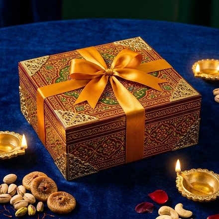 A royal Mithas gift box with diyas and dry fruits